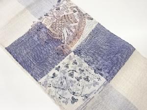 手織り紬藤に船・抽象模様織出し名古屋帯